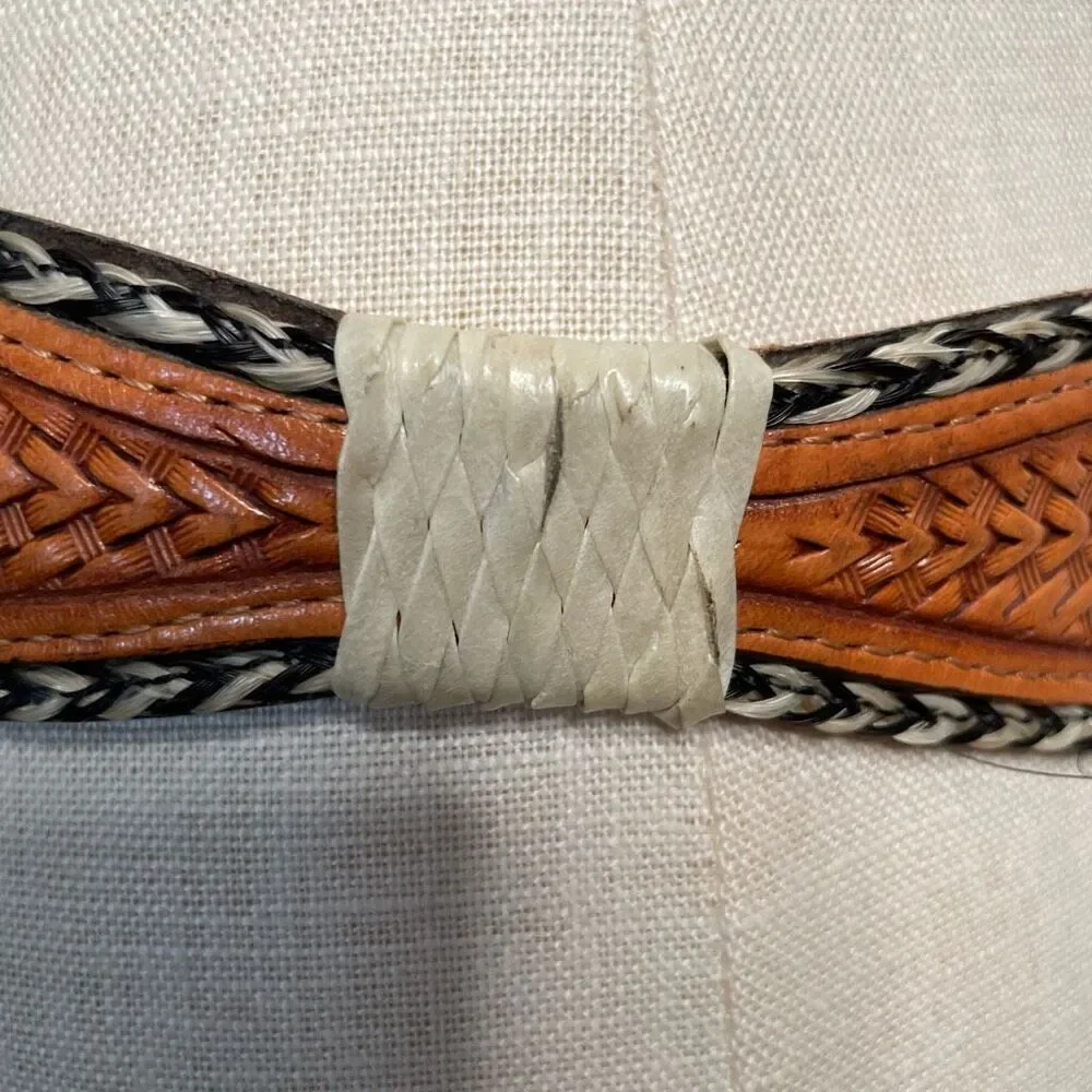 Nocona Leather Belt 45” Braided Horsehair Scallop Silver Buckle Western Cowboy